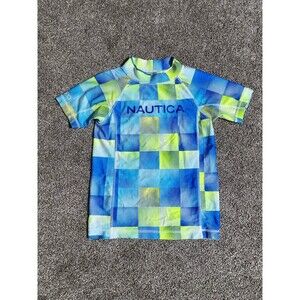 Nautica Boys Rash Guard Swim Shirt Blue Green Checkered Size  (7)